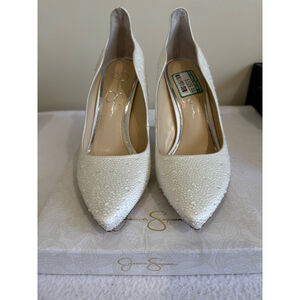 Women's Jessica Simpson Wayva dew drop crystal White satin stiletto Heels Sz 10M